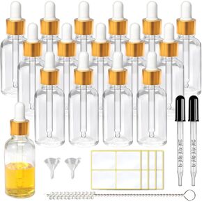 1oz Clear Glass Dropper Bottle with Dropper 16 pcs 30ml Dropper Bottle for Essential Body Oils with 2 Funnels & 2 Extra Glass Measured Pipette 1 Cleaning Brush & 16 Labels for Cosmetic/Travel