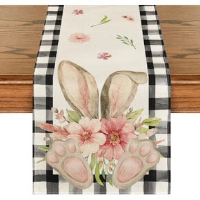 Artoid Mode Buffalo Plaid Bunny Ear Foot Flower Easter Table Runner, Seasonal Spring Kitchen Dining Table Decoration for Home Party Decor 13x72 Inch