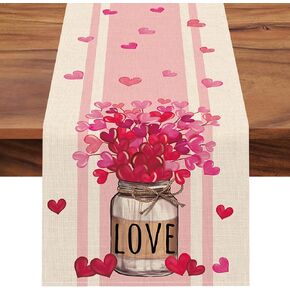 Seliem Valentine's Day Pink Table Runner, Red Love Hearts Mason Jar Anniversary Kitchen Dining Table Decor, Wedding Holiday Burlap Home Decoration Indoor Outdoor Party Supply 13x72 Inches
