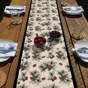 Seliem Winter Pine Cones Branches Table Runner, Pine Needles Tabletop Scarf Home Kitchen Green Black Christmas Decor, Seasonal Farmhouse Rustic Burlap Dining Decorations Party Supply 13 x 72 Inch
