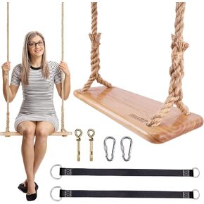 Hanging Wooden Swing, Swing Seat 24"x 8"x 1.2", Tree Swing for Adults Kids with 500lbs Load, Adjustable Hemp Rope Plus Tree Straps 147 inch, Outdoor Wood Swing, Indoor Room Swing, Swing Set