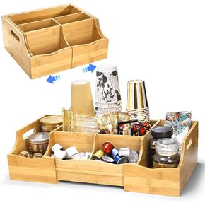 Coffee Station Organizer for Countertop, Bamboo Coffee Bar Condiment Organizer, Extendable Coffee Tea Condiment Storage for Coffee Bar Decor, Coffee Area, 7 Compartment
