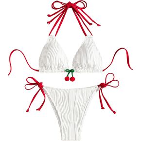 Verdusa Women's 2 Piece 3D Cherry Color Block Bikini Sets Halter Neck Tie Cute Swimsuit Bathing Suit