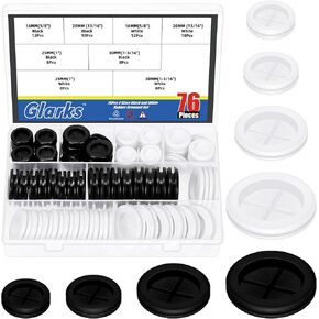 Glarks 76pcs 5/8"(16mm) 13/16"(20mm) 1"(25mm) 1-3/16"(30mm) Black and White Rubber Grommet Set, Double Sided Round Rubber Hole Plugs Closed Firewall Hole Plug Rubber Gasket for Wire Protection