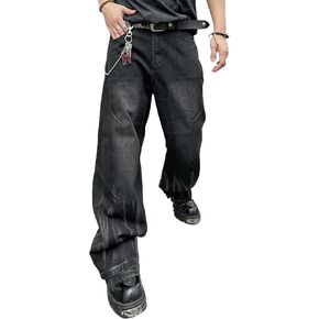 Men's Irregular Sutures Y2k Hip Hop Baggy Jeans Wide Leg Denim Pants Casual Loose Fit Trousers Streetwear