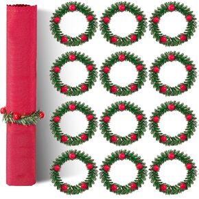 Christmas Napkin Rings Set of 12, Xmas Christmas Wreath Napkin - Small Artificial Holly Berry Holiday Christmas Napkin Rings for Table Banquet Decorations Dinner Party