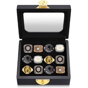 Championship Ring Display Case Flat Black Ring Display Case Box for Multiple Rings for Single Replica Baseball Softball Football Sports Souvenirs Ring Storage Organizer Wooden Box (12 Slots)