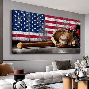 baseball Canvas Wall ArtBaseball and flags Picture for Living Room Canvas Wall Decor for Office and Home Large Framed Artwork for Walls White black and Unique grey Accents