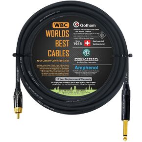 WORLDS BEST CABLES 50 Foot – TS to RCA Cable – Gotham GAC-1 Ultra Pro Low- Capacitance Instrument Cable & Neutrik NP2X-B & Amphenol ACPL-CBK Gold Plugs - Custom Made