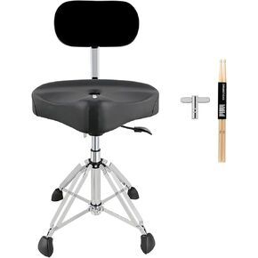 ROWELL Drum Throne with Backrest Hydraulic Drum Stool Height Adjustable Airlift Drum Thrones 4 Leg Heavy Duty Drum Seat 4.3 in Thick Padded Drum Chair Drum Stools for Drummers,Guitar Players (Black)