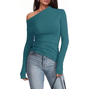 Women's Sexy Off Shoulder Tops Long Sleeve Asymmetrical Slim Fit Going Out Fall Blouse Ruched Tight Shirts
