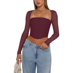 REORIA Women's Sexy Mesh Long Sleeve Boned Corset Top Trendy Square Neck Going Out Bustier Crop Tops