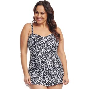 Women's Plus Size One Piece Swimdress Ruffle Skirt Retro Pin Up Swimwear Ruched Swimsuit Tummy Control Bathing Suit