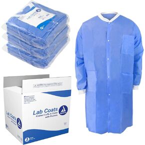 Dynarex Disposable Lab Coats - Breathable Triple-Layered Non-Woven Polymer Fabric - Knee Length, Elastic Cuffs - Blue, Small, Case of 30 Lab Coats