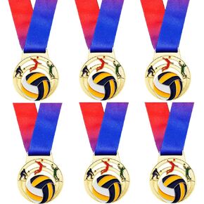 6 Pieces Gold Award Medals for Kid’s Sports Volleyball Games, Adult Volleyball Metal Medals, Party Favors, Gradient Rainbow Ribbons 2.56 Inches