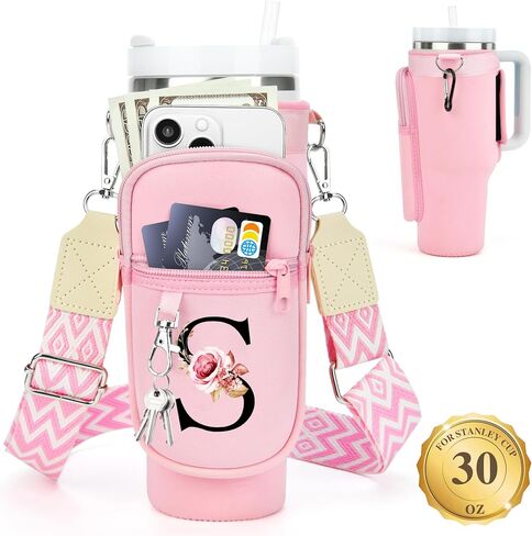 LOKASS Water Bottle Holder with Strap for Stanley Cup 30 oz Tumbler with Handle, Personalized Initial Gift, Water Bottle Carrier Bag with Phone Pocket & Carabiner for Stanley Cup Accessories in Saudi Arabia