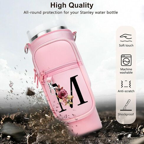 LOKASS Water Bottle Holder with Strap for Stanley Cup 30 oz Tumbler with Handle, Personalized Initial Gift, Water Bottle Carrier Bag with Phone Pocket & Carabiner for Stanley Cup Accessories in Saudi Arabia