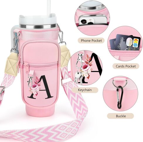 LOKASS Water Bottle Holder with Strap for Stanley Cup 30 oz Tumbler with Handle, Personalized Initial Gift, Water Bottle Carrier Bag with Phone Pocket & Carabiner for Stanley Cup Accessories in Saudi Arabia