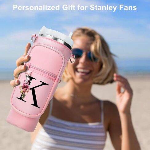 LOKASS Water Bottle Holder with Strap for Stanley Cup 30 oz Tumbler with Handle, Personalized Initial Gift, Water Bottle Carrier Bag with Phone Pocket & Carabiner for Stanley Cup Accessories in Saudi Arabia