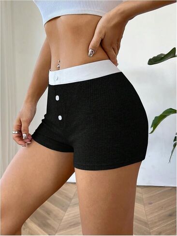 SweatyRocks Women's Color Block Ribbed Shorts Button Front High Waist Slim Fit Gym Yoga Shorts in Saudi Arabia