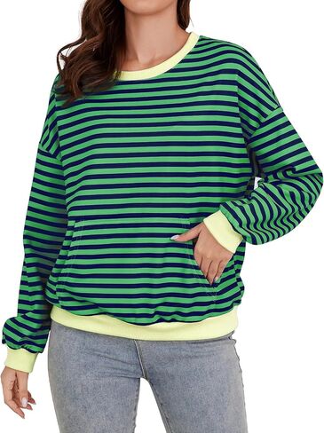 YATHON Womens Striped Sweatshirt Casual Long Sleeve Color Block Crew Neck Loose Pull Over Y2K Fall Tops with Pockets in Kuwait