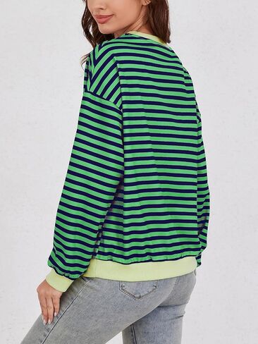 YATHON Womens Striped Sweatshirt Casual Long Sleeve Color Block Crew Neck Loose Pull Over Y2K Fall Tops with Pockets in Kuwait
