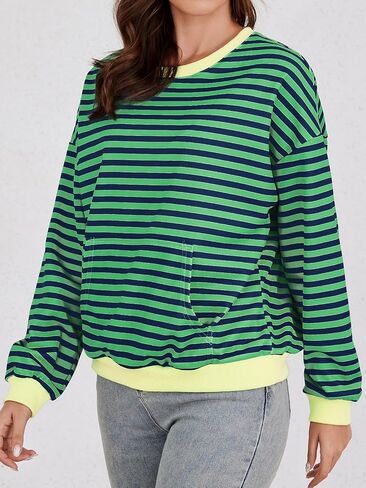 YATHON Womens Striped Sweatshirt Casual Long Sleeve Color Block Crew Neck Loose Pull Over Y2K Fall Tops with Pockets in Kuwait