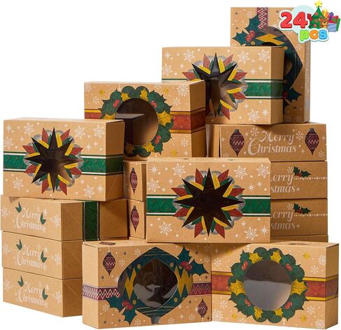JOYIN 24 صندوق بسكويت عيد الميلاد من كرافت مع نافذة مقاس 8.5 بوصة × 5.75 بوصة × 2.75 بوصة، صناديق علاج مع 3 تصميمات للمعجنات، والكب كيك، والبراوني، وتقديم الهدايا، والدونات والبسكويت، وصناديق مخبز كرافت بنية in Saudi Arabia