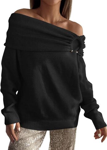 Saodimallsu Womens Off The Shoulder Sweater Top Fall Trendy Sexy Knitted Long Sleeve Loose Fold Over Pullover Sweaters in Saudi Arabia