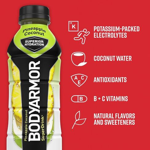 BODYARMOR Sports Drink Sports Beverage, Pineapple Coconut, Natural Flavors With Vitamins, Potassium-Packed Electrolytes, No Preservatives, Perfect For Athletes, 16 Fl Oz (Pack of 12) in Saudi Arabia