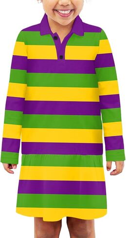 Remimi Girls Mardi Gras Striped Dresses Long Sleeve Polo Dress 5-14 Years in Saudi Arabia