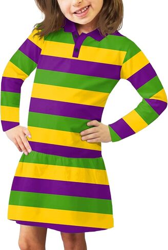 Remimi Girls Mardi Gras Striped Dresses Long Sleeve Polo Dress 5-14 Years in Saudi Arabia