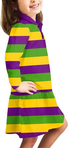 Remimi Girls Mardi Gras Striped Dresses Long Sleeve Polo Dress 5-14 Years in Saudi Arabia