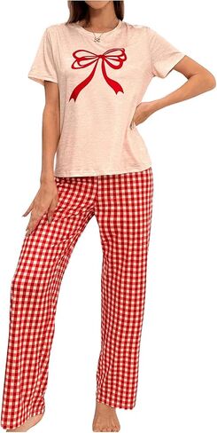 Verdusa Women's 2 Piece Pajama Sets Sleepwear Heart Graphic Short Sleeve T Shirt with Pants Multicolor Small in Saudi Arabia