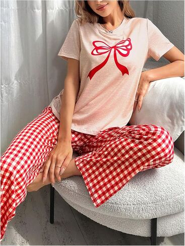 Verdusa Women's 2 Piece Pajama Sets Sleepwear Heart Graphic Short Sleeve T Shirt with Pants Multicolor Small in Saudi Arabia