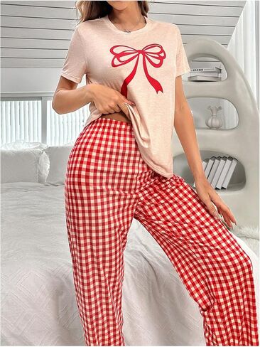 Verdusa Women's 2 Piece Pajama Sets Sleepwear Heart Graphic Short Sleeve T Shirt with Pants Multicolor Small in Saudi Arabia