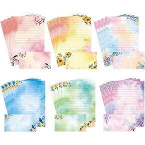 Lined Stationary Paper and Envelopes Set Floral Bird Watercolor Stationary Set with Lined Letter Writing Paper - 48 Sheets + 24 Envelopes, 8 x 11 Inch of Each Stationary Paper