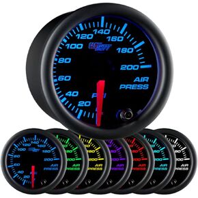 GlowShift Black 7 Color 200 PSI Mechanical Air Pressure Gauge - for Air Ride Suspension Systems - Black Dial - Clear Lens - 2-1/16" 52mm