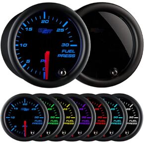 GlowShift Tinted 7 Color 30 PSI Fuel Pressure Gauge Kit - Includes Electronic Sensor - Black Dial - Smoked Lens - for Diesel Trucks - 2-1/16" 52mm
