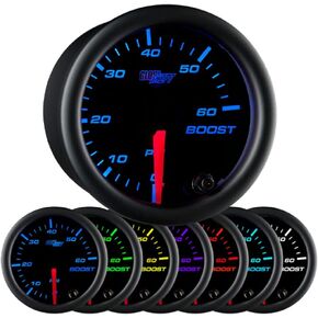 GlowShift Black 7 Color 60 PSI Turbo Boost Gauge Kit - Includes Mechanical Hose & Fittings - Black Dial - Clear Lens - for Diesel Trucks - 2-1/16" 52mm