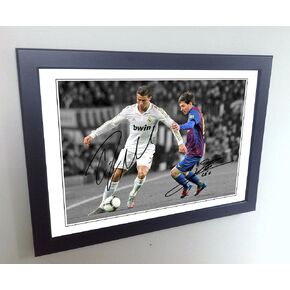 Signed 12x8 Black Soccer Cristiano Ronaldo Real Madrid Lional Messi Barcelona Autographed Photo Photograph Football Picture Frame Gift A4