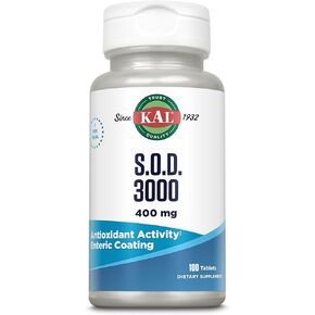 KAL S.O.D. 3000 Antioxidant Supplement 400mg, Superoxide Dismutase (SOD), Beef Liver Source, Super Antioxidant Support, Enteric Coated for Maximum Assimilation, 60-Day Guarantee, 100 Serv, 100 Tablets