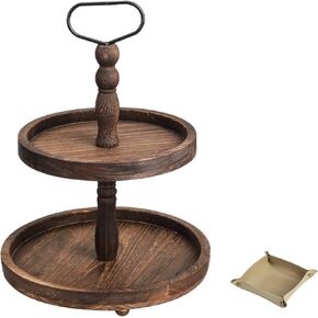 Farmhouse Wooden Decorative Two Tiered Trays+ Pu Leather Tray,Wood 2 Tier Serving Tray Stand for Rustic Table Centerpiece,Kitchen Decor,Coffee Bar, or Cupcake Stand (Brown)