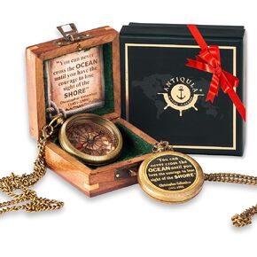 Brass Compass with Wooden Box - Graduation Gifts, Pirate Accessories & Baptism Gift for Boys, Steampunk Travel Decor Compasses for Missionary, Inspirational and Sentimental Compass