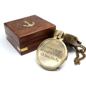 Second Star to The Right J. M. Barrie, Peter Pan Engraved Brass Compass