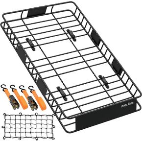 Mockins 64" x 39" x 6" Anti-Rust Rooftop Cargo Carrier |250lb Cap. Roof Basket |Heavy Duty Roof Cargo Carrier - Extendable Car Roof Rack Basket |Universal Car Top Luggage Carrier |Net & Ratchet Straps