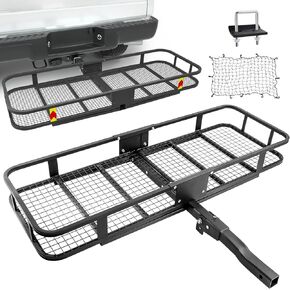 Hitch Mount Cargo Carrier with Cargo Net and Anti-Rattle Stabilizer 60" x 21" x 6" Folding Cargo Basket with 500 LB Max Capacity Fits 2" Receiver for Car SUV Pickup (USPTO Patent Pending)