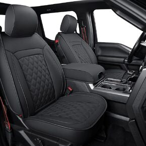 أغطية مقاعد LUCKYMAN CLUB F150 من الجلد الصناعي S07-Q2، مناسبة لشاحنات الالتقاط 2015-2024 F150 و2017-2024 F250 F350 F450 (الزوج الأمامي، قطعتان أسودتان)