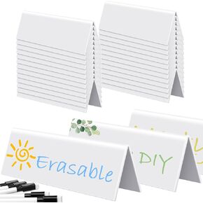Fainne 20 Sets Reusable Name Tent Cards with Black Markers Dry Erase Name Tent Cards Wipe Clean Desk Name Tags Classroom Guest Name Plate for Weddings, White, 8.66 x 2.75 x 1.9 Inches