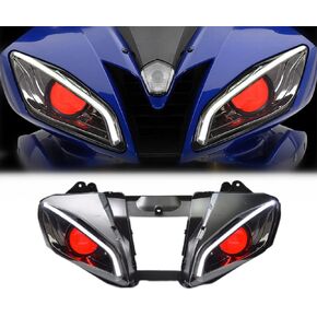 KT LED Headlight Assembly for YZF R6 2006-2007 Blue Demon Eyes Custom Modified Motorcycle Sportbike Front Head Lamp High/Low Beam DRL Optical Fiber Amber Turn Signal Lights